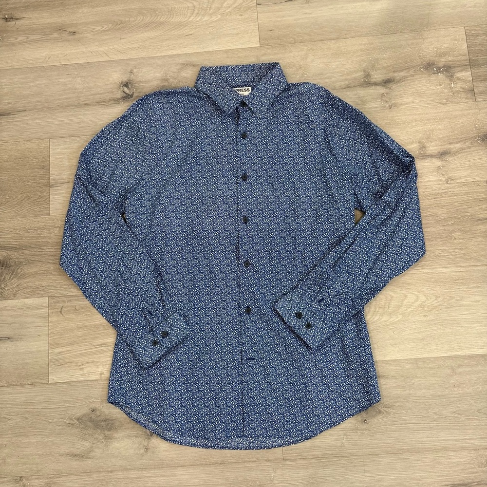 NWOT Express Men's Blue Extra Slim Fit  Button Up Dress Shirt Size L 16-16 1/2